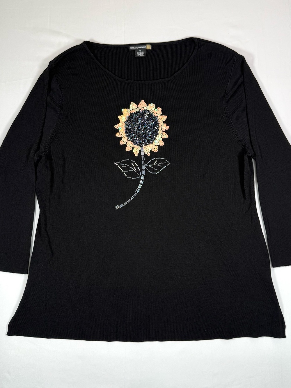 VINTAGE SWEATERWORKS Womens Sunflower Sequin Beaded Knit Top 1X Y2K Whimsigoth
